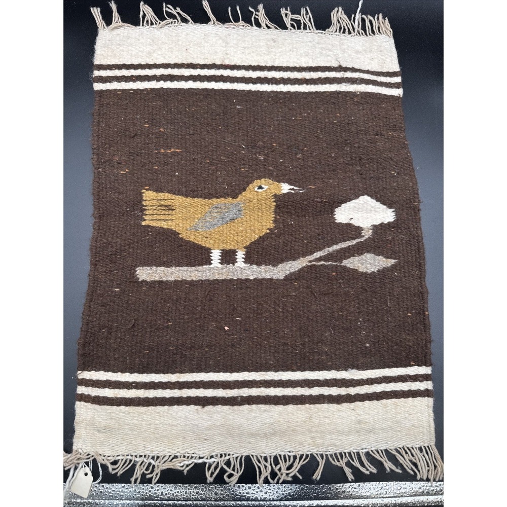 Vintage Southwestern or Mexican Textile Small Rug Wall Tapestry w Bird on Branch - Picture 2 of 6